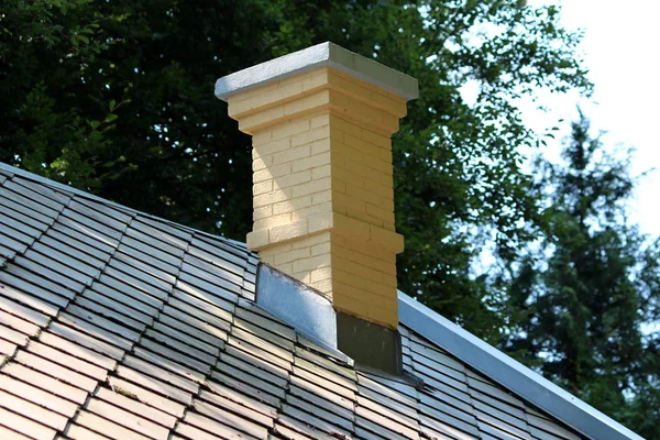 Renovated Restored Yellow Brick Chimney Surrounded Roof Tiles Top Old — Stock Photo, Image