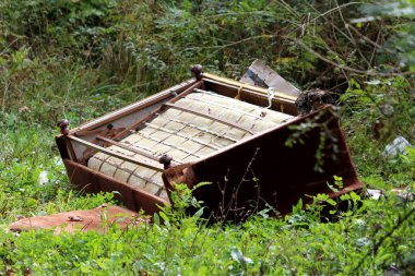 Kırık eski tahrip edilmiş kanepe yerel ormandaki yasadışı çöp yığınına bırakılmış. Etrafı diğer çöplerle çevrili. Kesilmemiş çimenler ve yoğun orman bitkileriyle karışmış.
