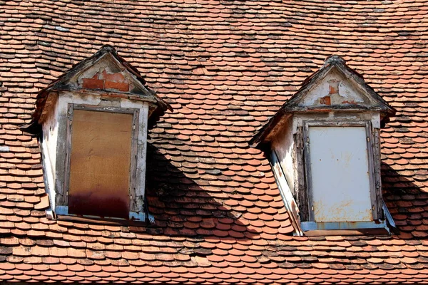 Vooraanzicht Van Twee Oude Stijl Dakramen Gesloten Met Houten Platen — Stockfoto