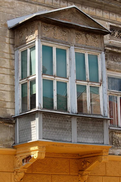 Vintage Narrow Windows Dilapidated White Frames Mounted Closed Balcony Covered — Stock Photo, Image