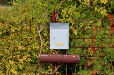 Açık gri metal antika posta kutusu. Promosyon malzemesi için eski bir tüp. Metal tel çitlere monte edilmiş.