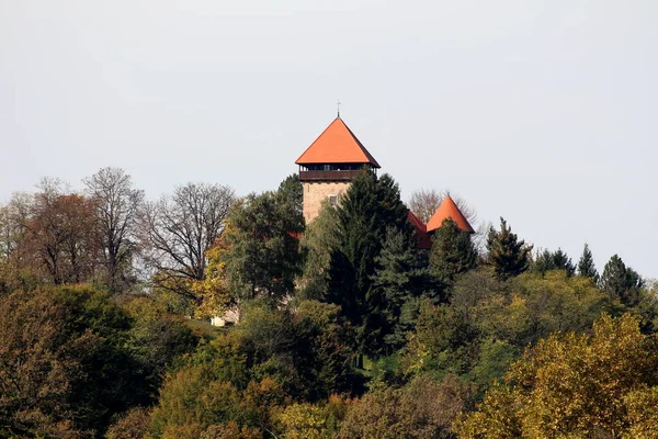 Старый Средневековый Городской Замок Недавно Отремонтированной Крышей Полностью Окружен Спрятан — стоковое фото