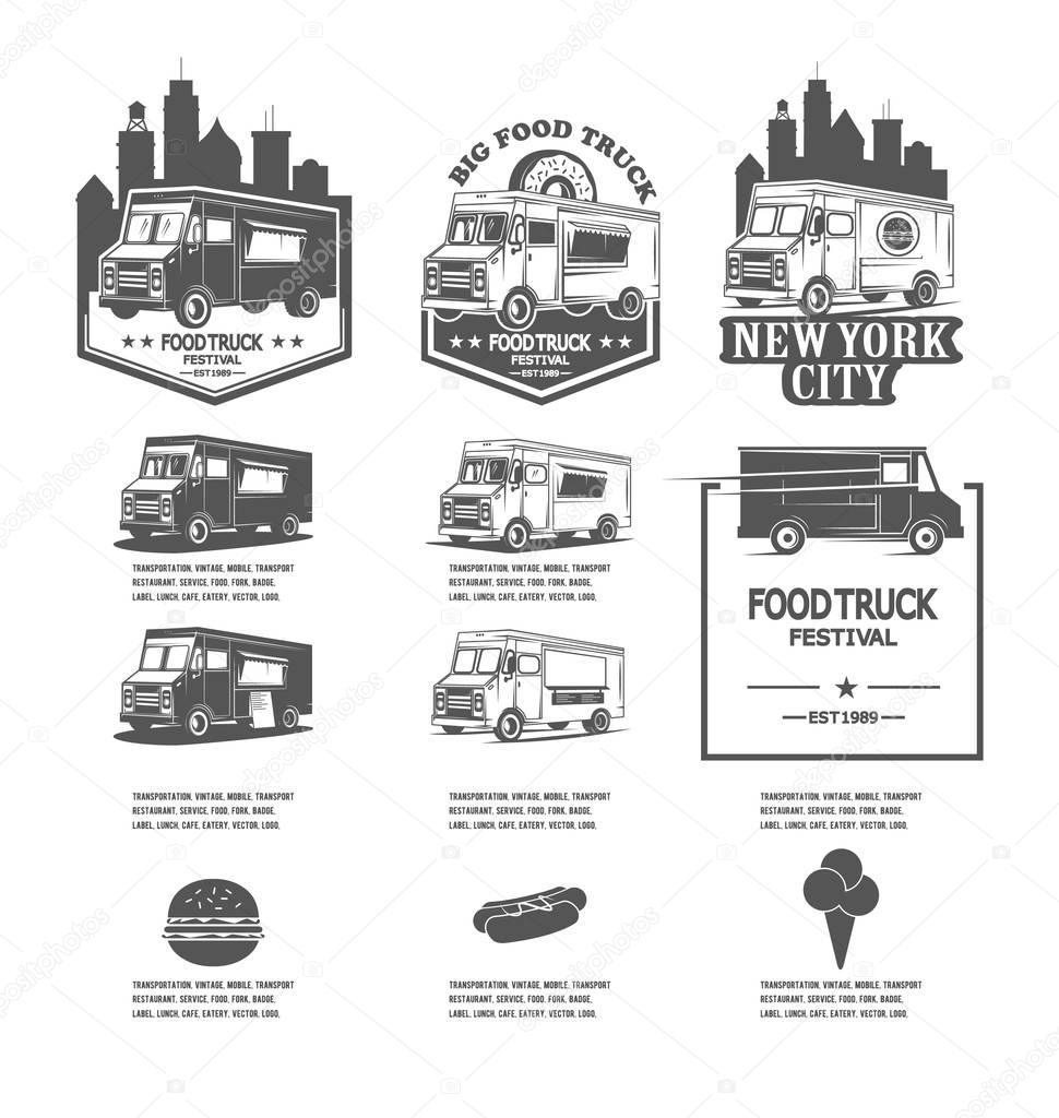 Set festival food truck logos, vector icons for fast food companies
