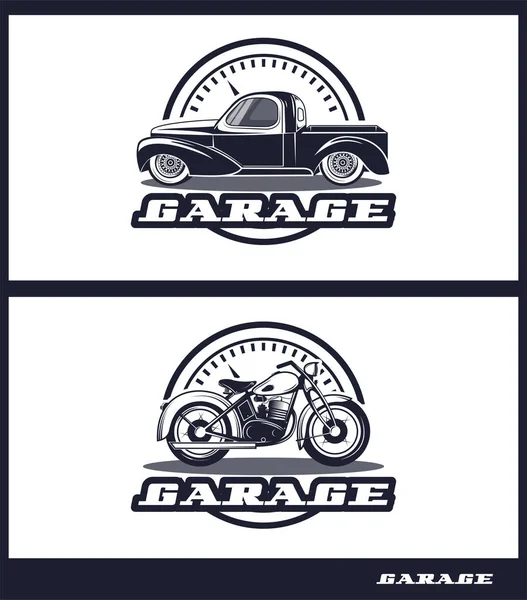 Набор транспортных логотипов в стиле ретро, логотип для мастерских, иллюстрация транспорта. Винтажный мотоцикл икона, ретро автомобиль — стоковое фото