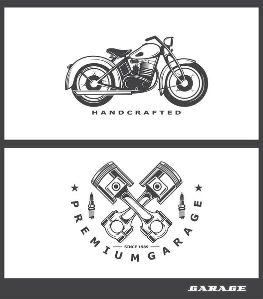 Transportera logotyp, vektorillustration av en motorcykel, design av en kolv. Begreppet ett garage. gammal stil — Stockfoto