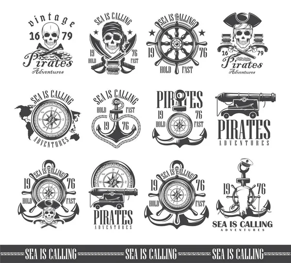 Un conjunto de ilustraciones vectoriales, temas marinos, iconos y logotipos del cráneo. Vector piratas — Vector de stock