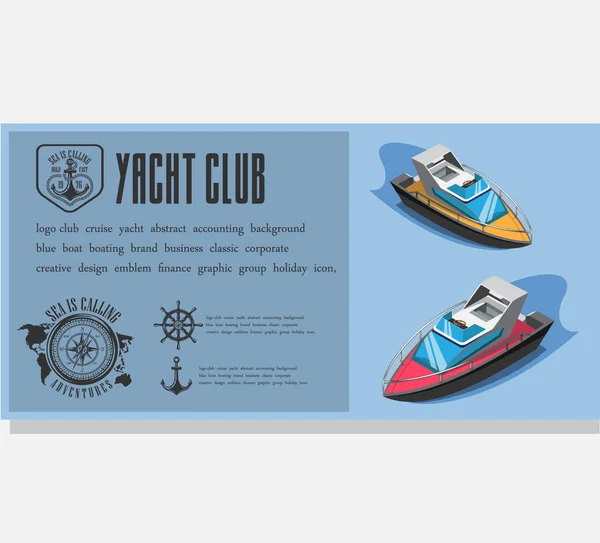 Yacht club, geschilderd speedboot, watersport, vakantie op zee, vector illustratie. Visitekaartje voor waterrecreatie — Stockfoto