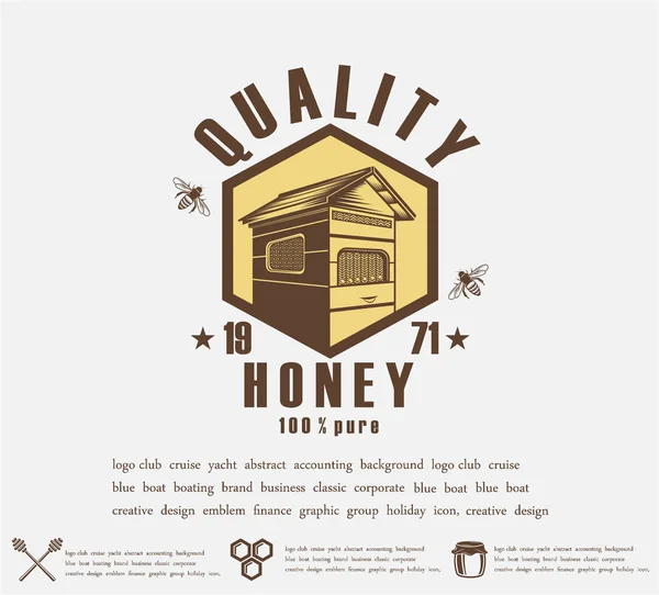 Diseño de etiquetas de miel. distintivo de la calidad de la miel, emblema de la empresa. Icono de embalaje, impresión de fondo —  Fotos de Stock