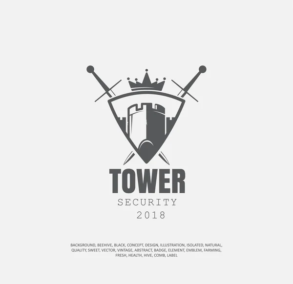 Torre del castillo en el medio del escudo, detrás del escudo dos espadas cruzadas vector ilustración, el concepto del equipo deportivo — Archivo Imágenes Vectoriales
