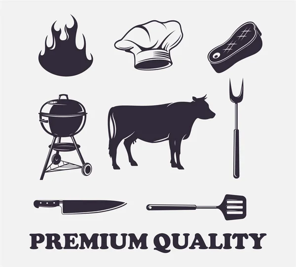 Набор эмблем на тему барбекю. Логотип барбекю, векторное изображение, концепция летнего отдыха на пикнике, икона — стоковый вектор