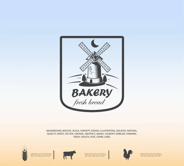 Vers brood van de bakker, molen vector icon, bakkerij logo, oude gebouw. meel producten — Stockvector