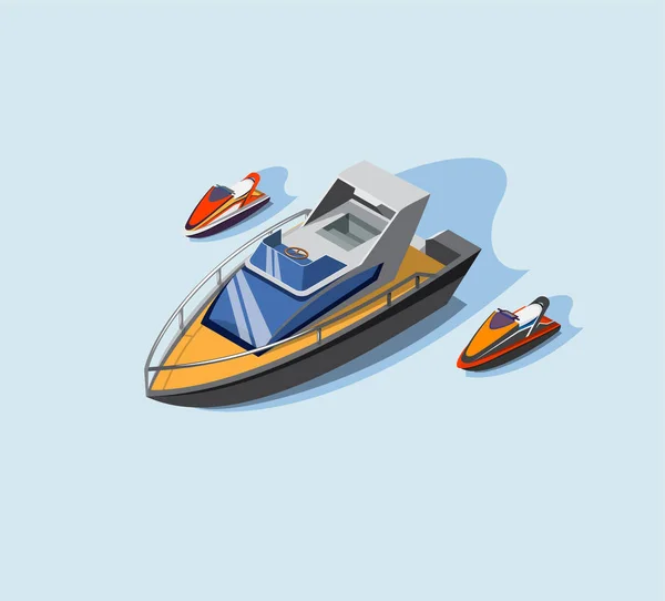 yacht club, painted speedboat and watercraft, water sports, vacation at sea, vector illustration. isometric design