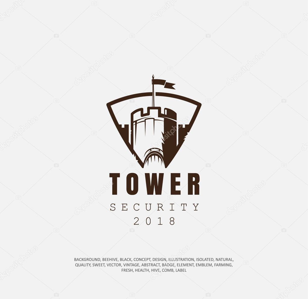 Badge of fortress. concept of protection, a logotype of building a castle in a shield, an illustration of a historical museum