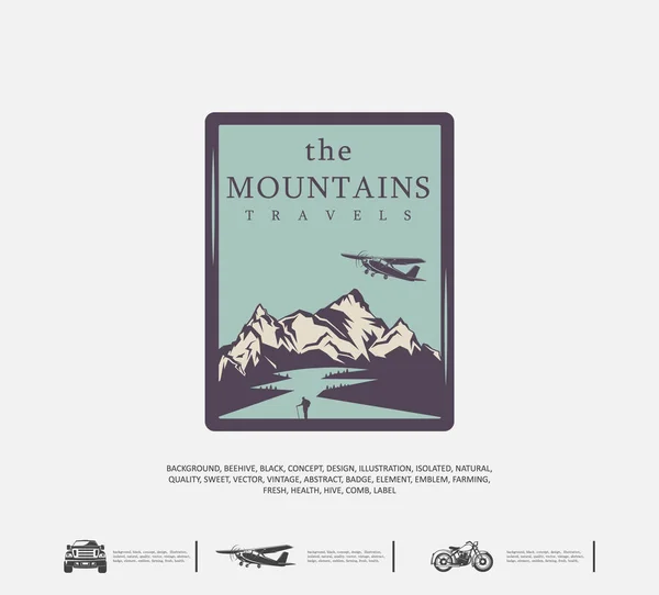 Logotipo de viaje, concepto de turismo, gráficos vectoriales, emblema del deporte extremo, paisaje con vista a la montaña — Vector de stock