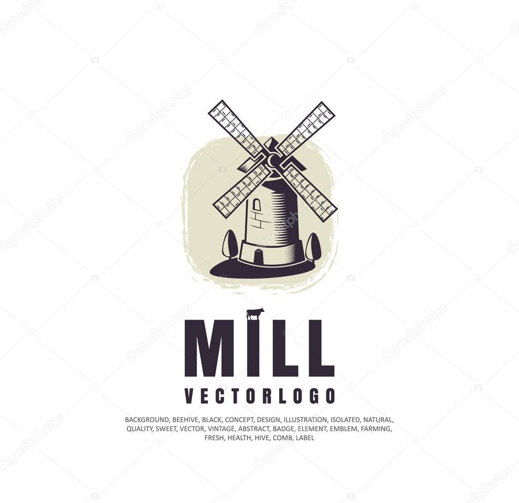 Bakery fresh bread, mill vector icon, bakery logo, old building. flour products
