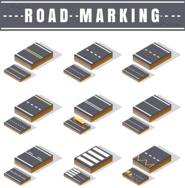 izometrik vektör yol trafik kuralları kümesi illüstrasyonlar, düz çizgi, çift sürekli, yaya geçidi, düşük Poli, çizgi, yol araç ve taksi durdurma gösterir.