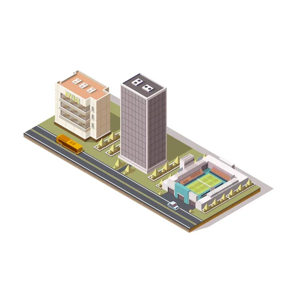 Stad isometrics, vector illustratie Tennisbaan, lage poly, 3D-object. Het concept van vrije tijd en reizen, kantoorgebouw, doorstroom van het verkeer, een wolkenkrabber met bomen — Stockvector