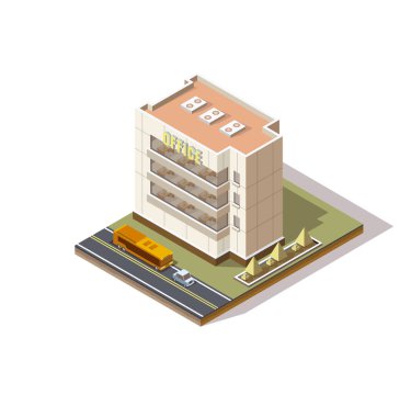 Oluşturma vektör izometrik simgesini veya Infographic öğeleri düşük Poli şehir apartmanın Caddesi ve şehir için araba ile temsil eden eşlemek
