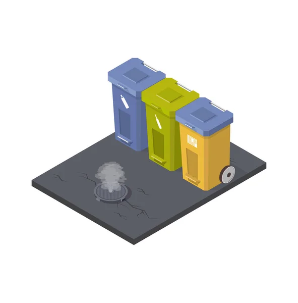 Recykling śmieci, kosze na śmieci, ekologia ikony, ilustracje wektorowe, rysunki izometryczne, czyszczenie, zbiorniki z tworzyw sztucznych, low-poly zdjęć — Wektor stockowy