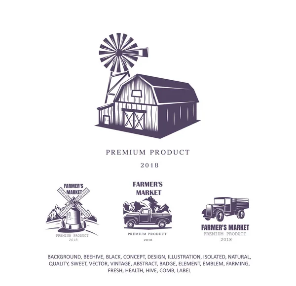 Фермерский набор, логотип мельницы, эмблема пикапа, иконка старого грузовика. Векторная иллюстрация — стоковый вектор