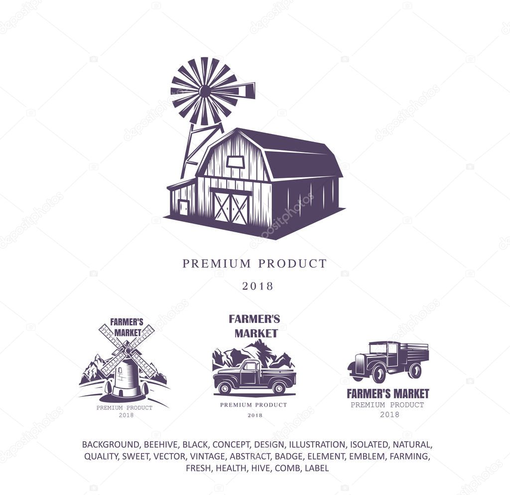 Farm house set, mill logo, pick-up emblem, old truck icon. Vector illustration