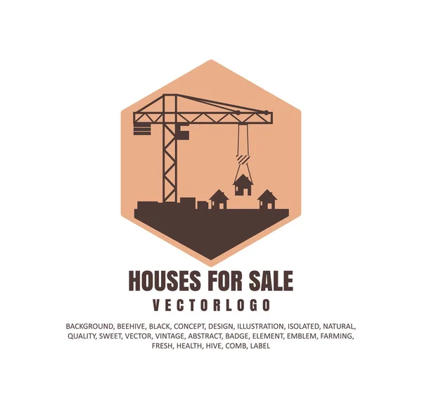 Concept de vente de maisons bâtiments neufs. Icône de grue, illustration vectorielle maison — Image vectorielle