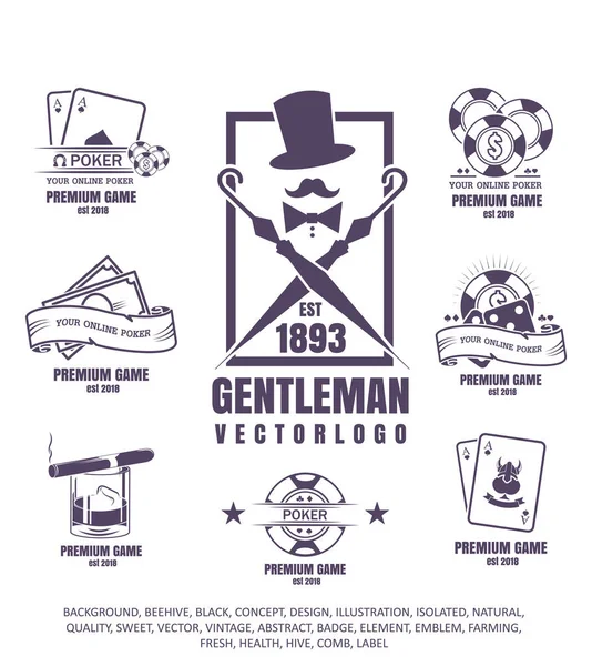Gentleman club, vektorillustration, uppsättning av poker logotyper, emblem av hasardspel, ikonen för cigarr, chips på vit bakgrund. — Stock vektor