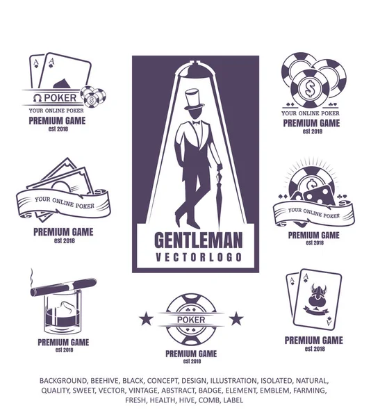 Club del caballero, ilustración del vector, sistema de logotipos del póker, emblema del juego, icono del cigarro, virutas en fondo blanco . — Vector de stock