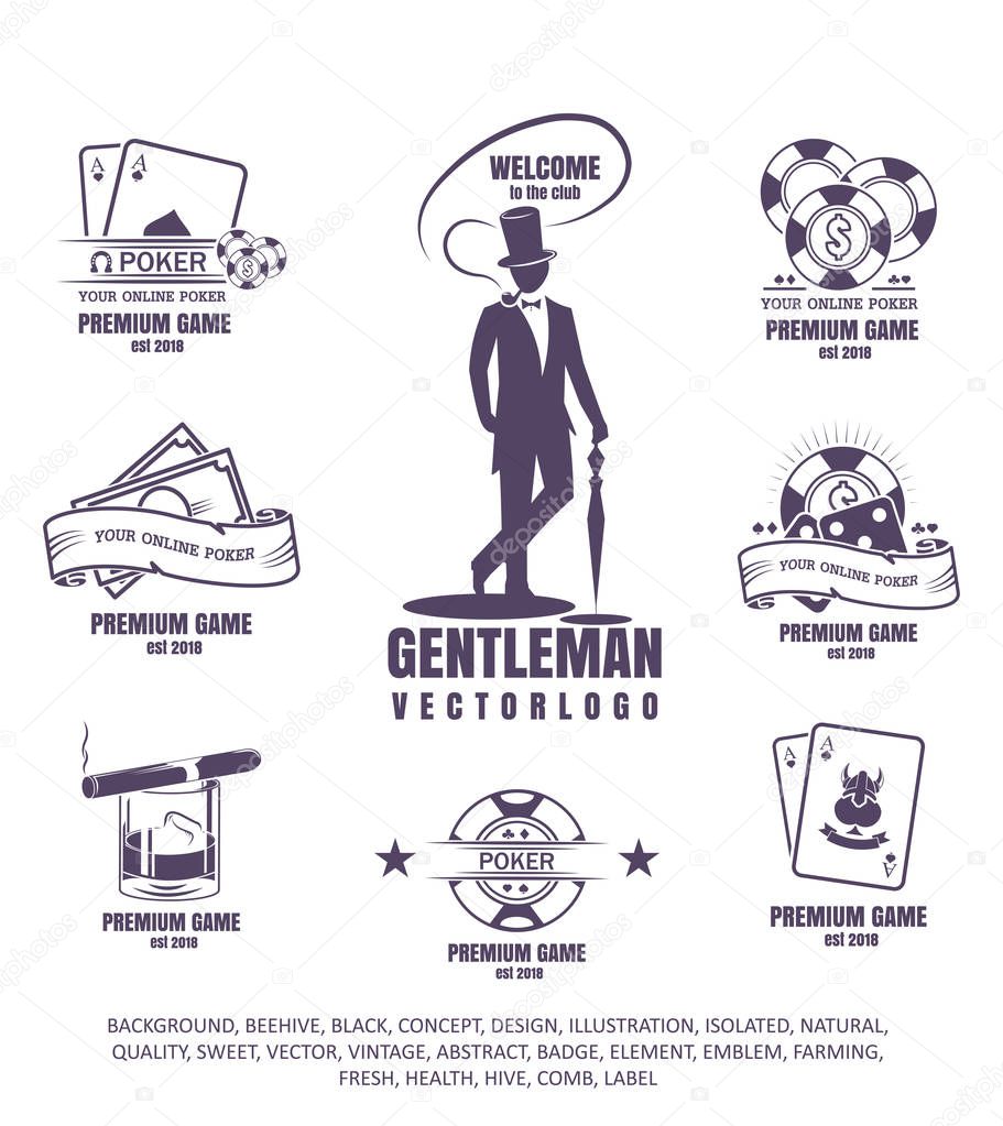 Gentleman club, vector illustration, set of poker logos, emblem of gambling, icon of cigar, chips on white background.