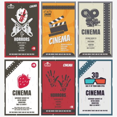 Farklı türde filmler için sinema retro posterleri. Reklam olarak kullanabilirsin.