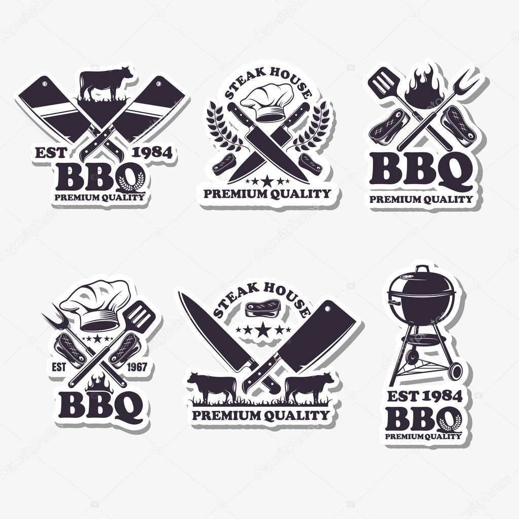 A set of emblems of BBQ. Barbecue logo, vector image on white background, summer holiday concept on picnic.
