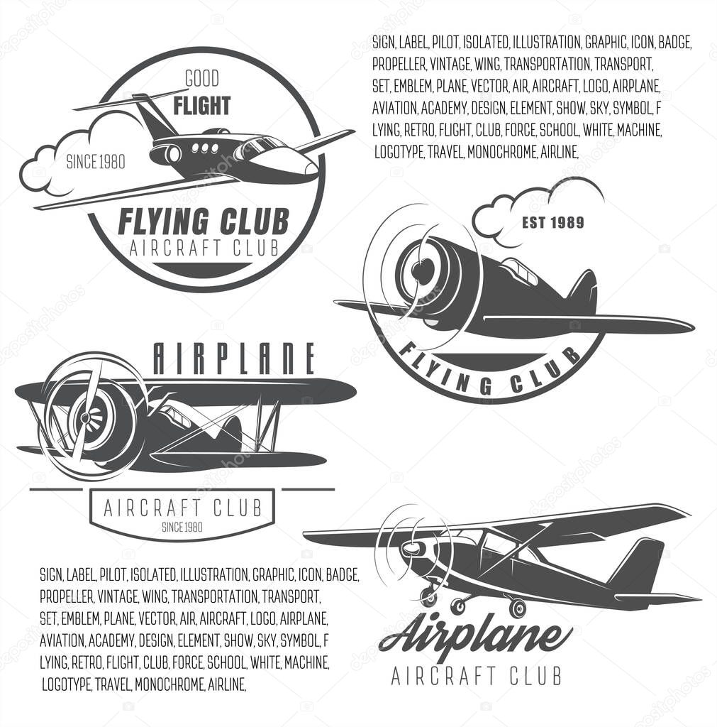 Flying club, a set of logos of an aviation club, retro transport symbols, airplanes to choose, badges for air school , vector illustration. Sign Good flight