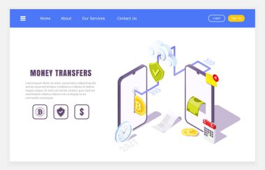 mobil transferler çevrimiçi uygulama, izometrik finansal işlemler konsepti, vektör illüstrasyonu