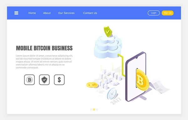 Trasferimenti Bitcoin Sicuri Attraverso Applicazione Mobile Illustrazione Vettoriale Isometrica — Foto Stock