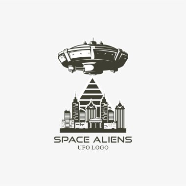 Şehrin üzerindeki UFO. Vektör illüstrasyonu.