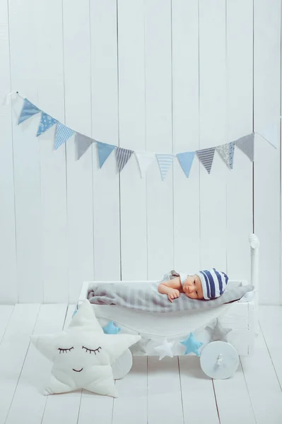 Innocent Little Infant Baby Lying Wooden Baby Cot — Stock Photo, Image