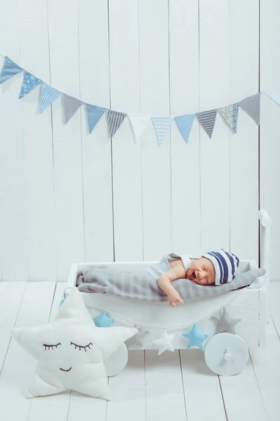 Portrait Adorable Infant Baby Hat Sleeping Wooden Baby Cot Decorated — Stock Photo, Image