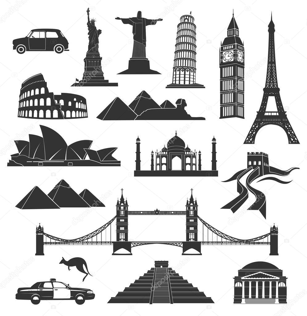 Set of city  landmarks in black with elements