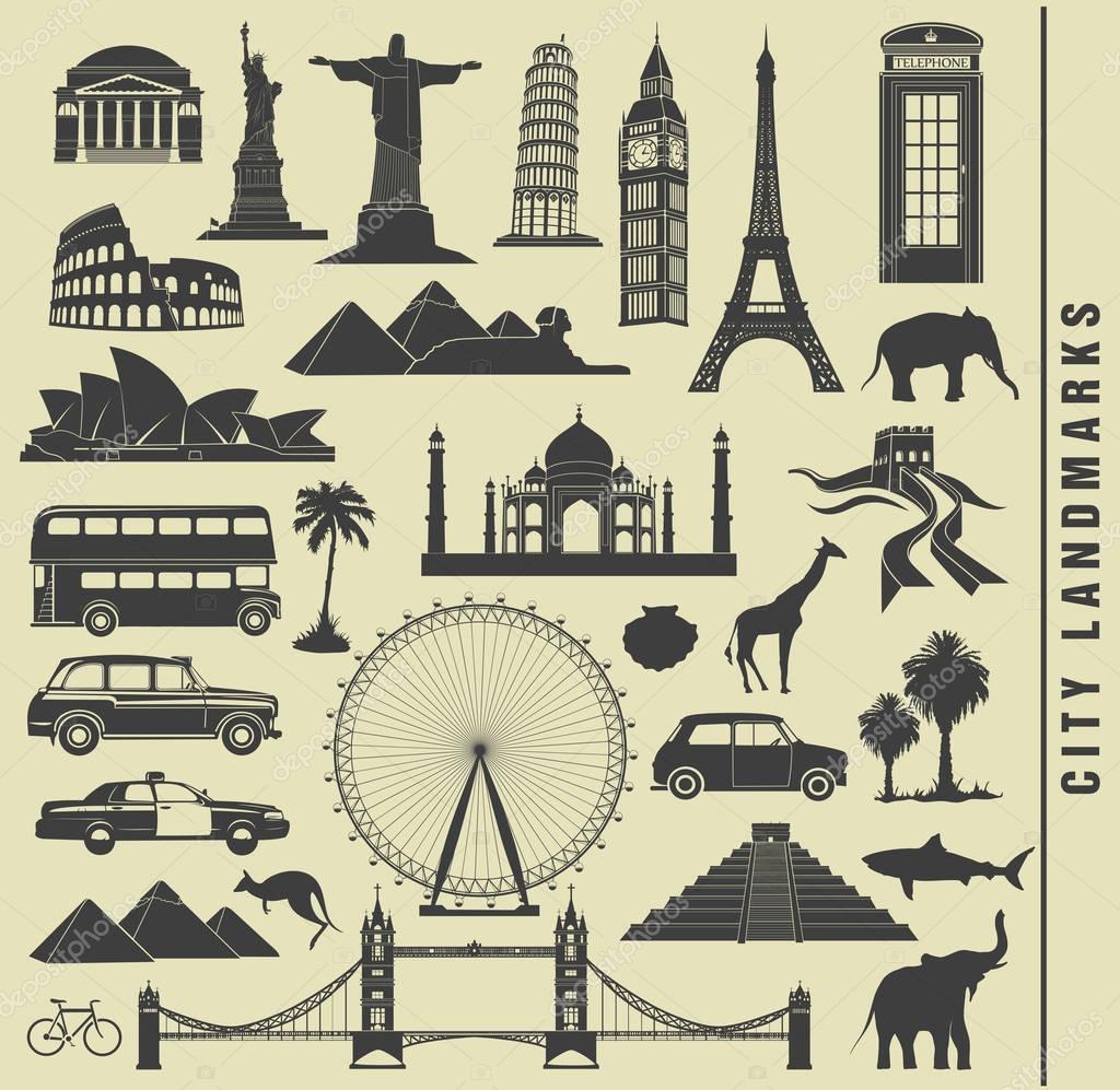 Set of city  landmarks in black with elements