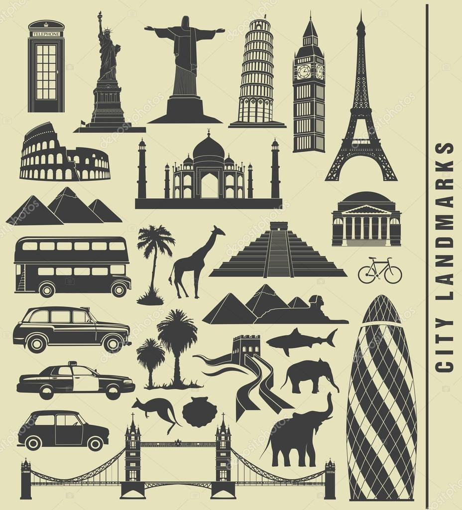 Set of city  landmarks in black with elements