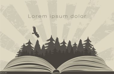 Açık kitap ve kuş ile orman