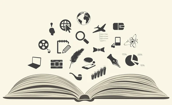 Iconos educativos sobre libro abierto — Vector de stock