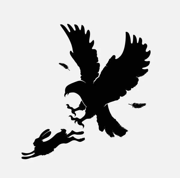 Silhuetas de águia atacante na lebre em execução — Vetor de Stock