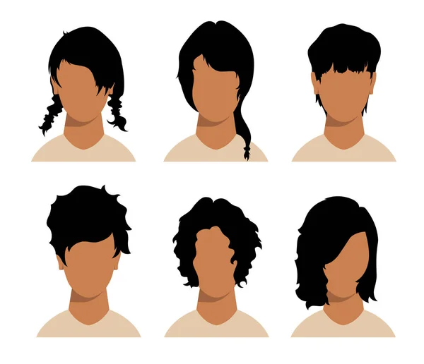 Meninas e homens penteados e corte de cabelo com rosto —  Vetores de Stock