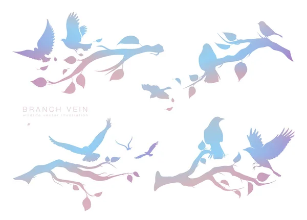 Figura conjunto bandada multicolor de aves voladoras en rama de árbol — Vector de stock