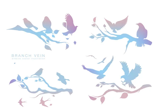 Figura conjunto bandada multicolor de aves voladoras en rama de árbol — Vector de stock