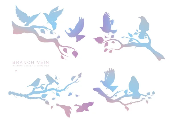 Figura conjunto bandada multicolor de aves voladoras en rama de árbol — Vector de stock