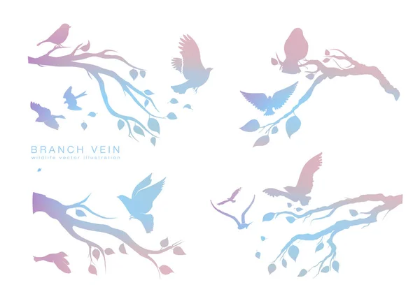 Figur uppsättning flerfärgad flock av flygande fåglar på trädgren — Stock vektor