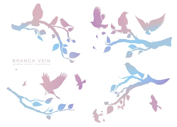 Figura conjunto bandada multicolor de aves voladoras en rama de árbol — Archivo Imágenes Vectoriales