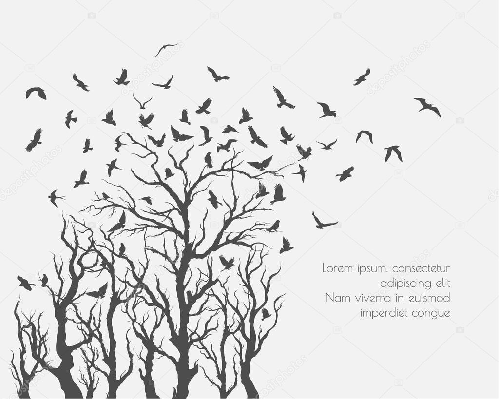 figure set flock of flying birds on tree branch
